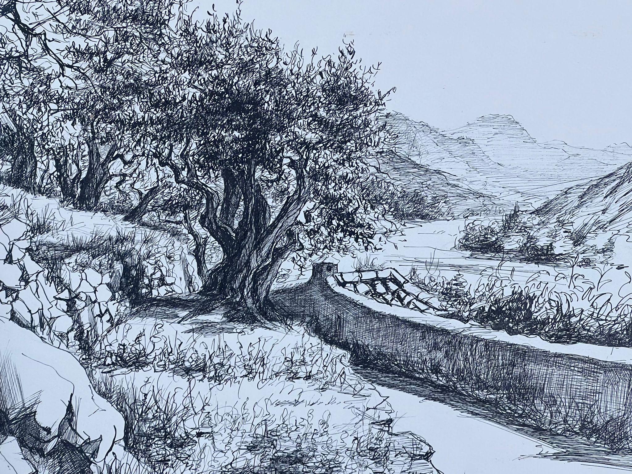 Landscape with Ancient Olive Tree, Stone Wall and Winding Leading Path - Impressionist Art by Josine Vignon