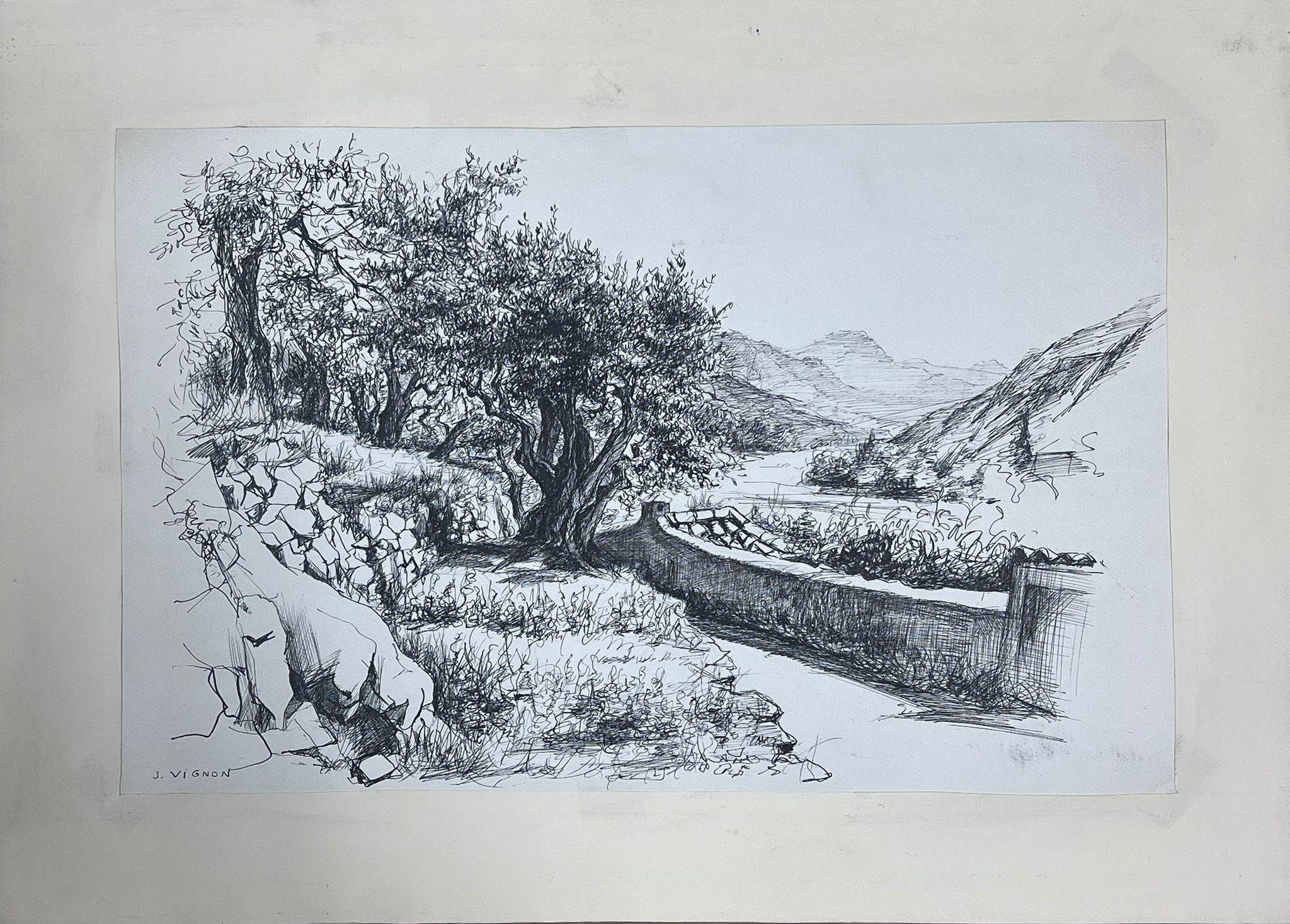 Landscape with Ancient Olive Tree, Stone Wall and Winding Leading Path - Art by Josine Vignon