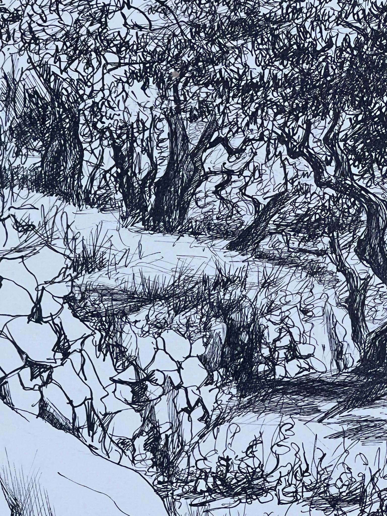 Landscape with Ancient Olive Tree, Stone Wall and Winding Leading Path - Gray Landscape Art by Josine Vignon