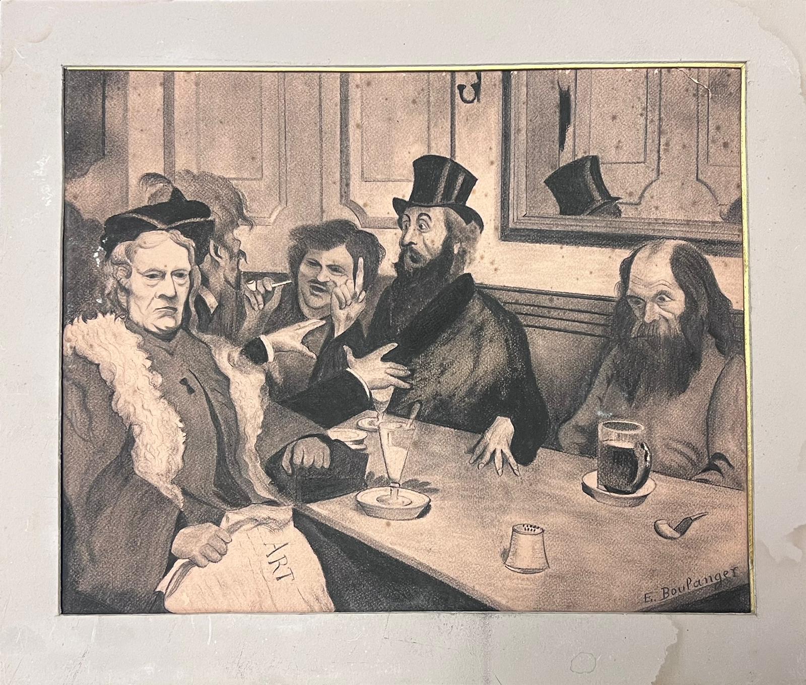 French Bar Interior with Animated Figures Drinking circa 1890's period, signed - Art by French 1890's