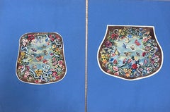 Pair of Rococo-Inspired Watercolors Featuring Ornate Floral Wreaths Butterflies