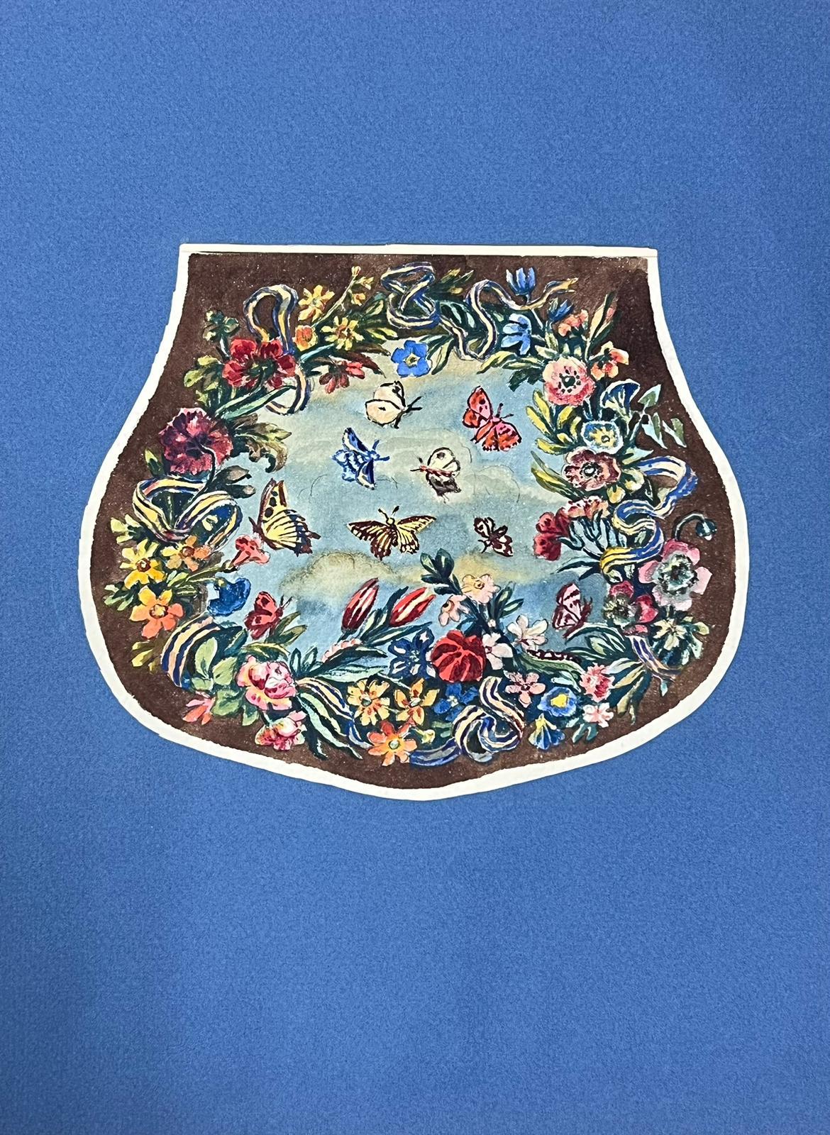 Paar vom Rokoko inspirierte Aquarelle mit verschnörkelten Blumenkränzen und Schmetterlingen (Blau), Still-Life, von French School