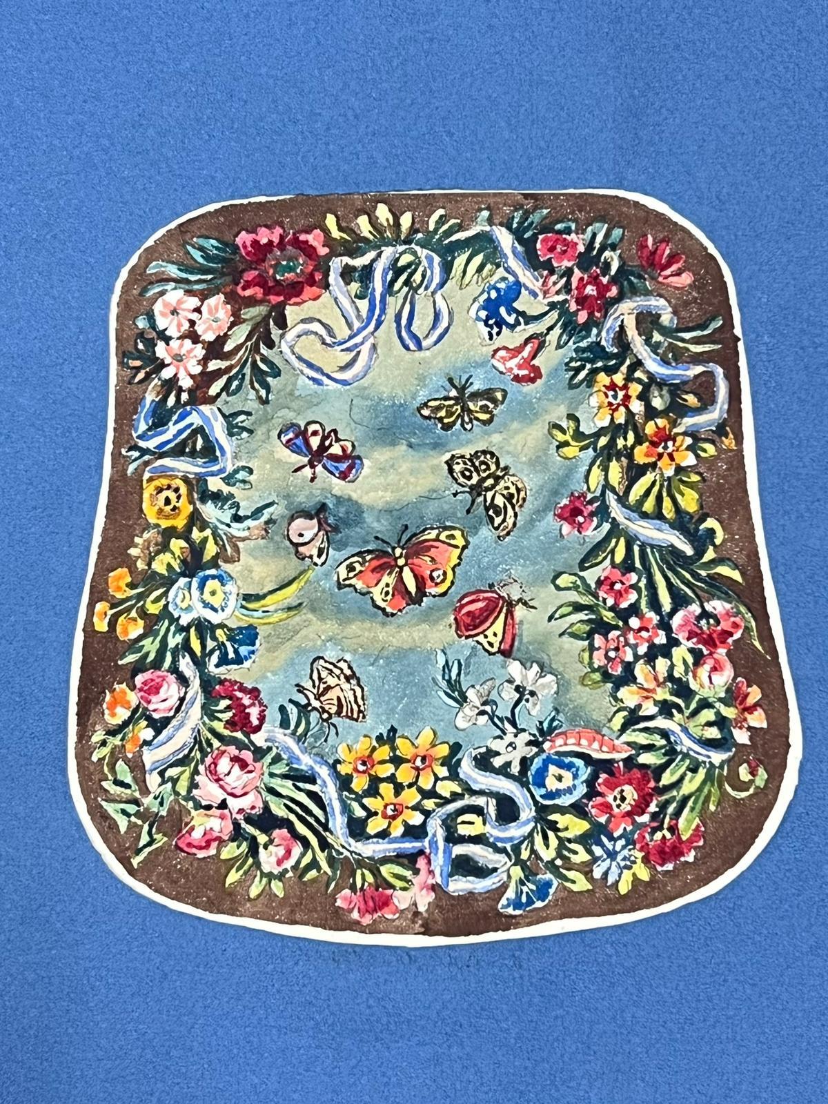 Paar vom Rokoko inspirierte Aquarelle mit verschnörkelten Blumenkränzen und Schmetterlingen – Art von French School