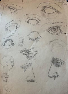 Antique French Hoja de Estudio de Bocetos de Ojos y Nariz
