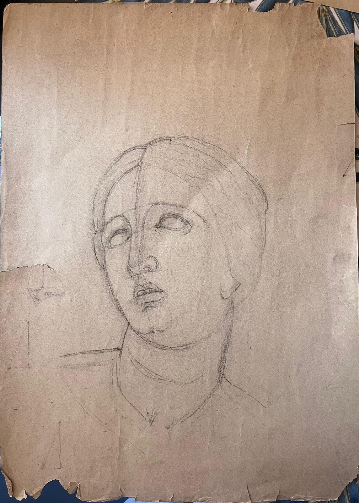Antike Bleistiftstudie einer klassischen weiblichen Büste, antik – Art von French School