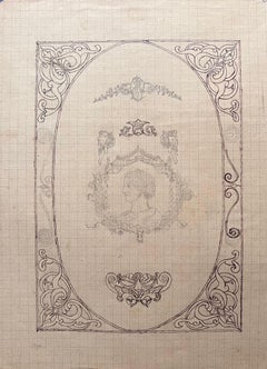 Dessin ornemental français ancien avec un portrait central et des bordures décoratives