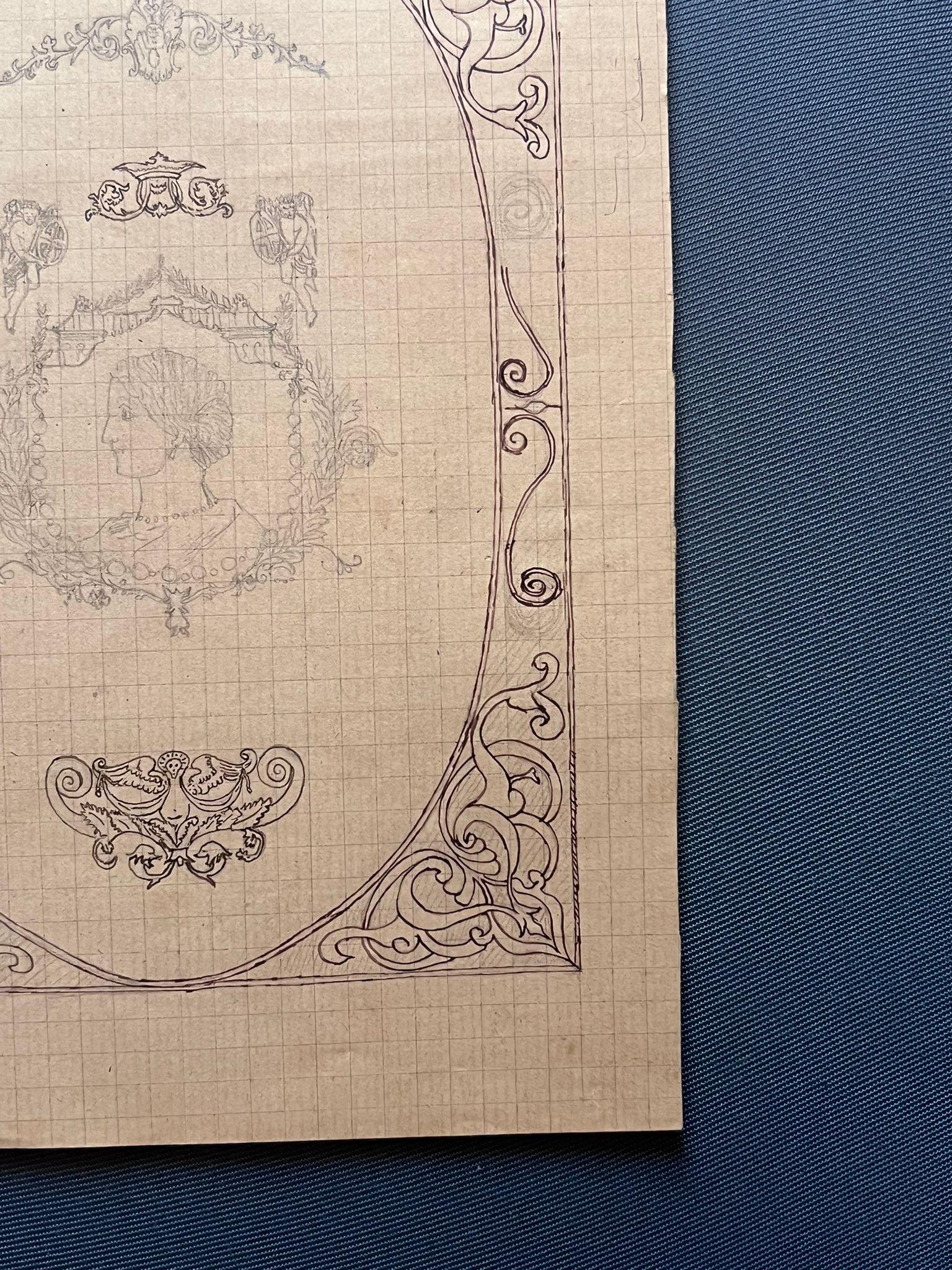 Antique French Disegno ornamentale con ritratto centrale e bordi decorativi - Painting Scuola francese di French School