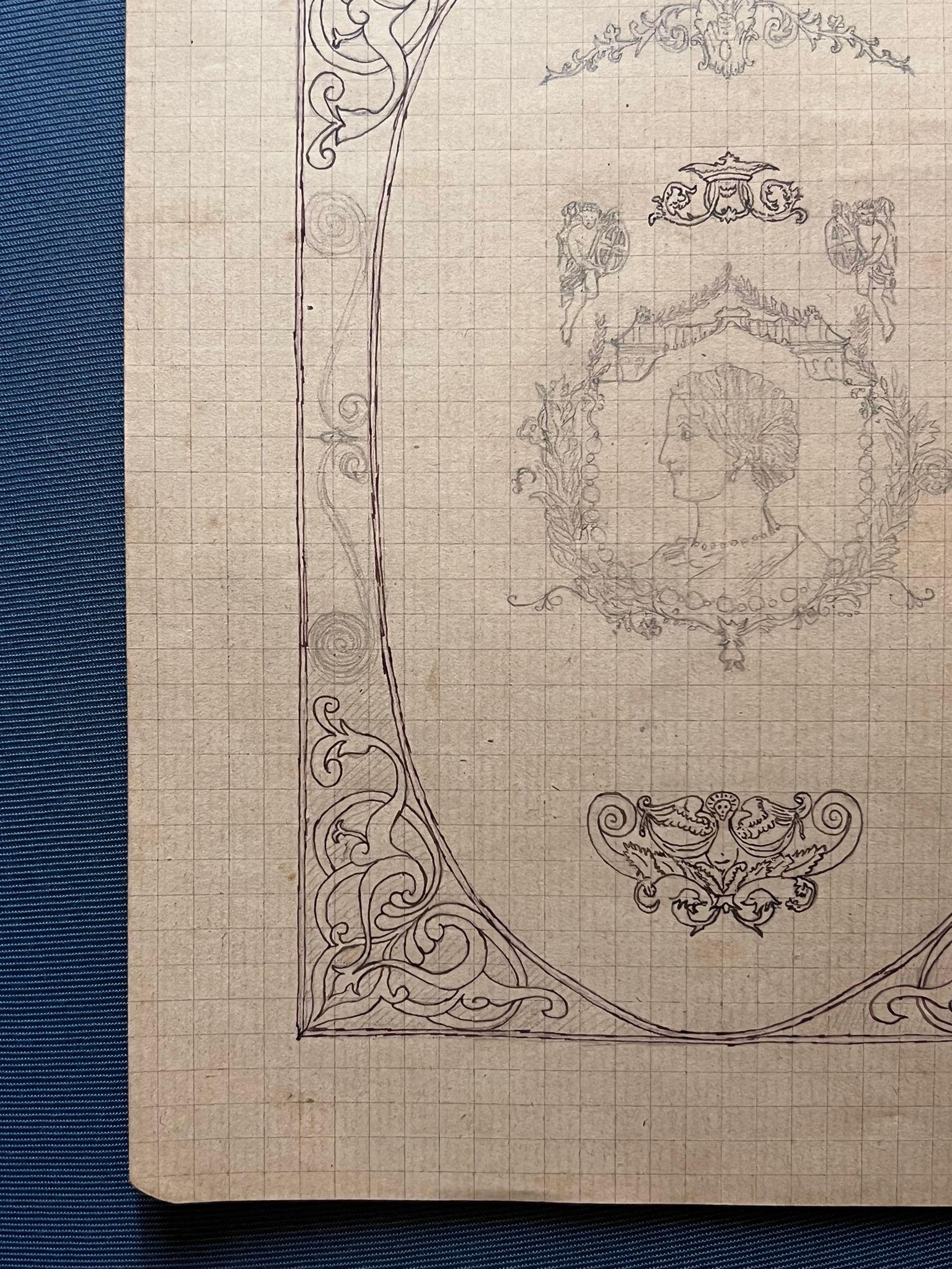 Antique French Disegno ornamentale con ritratto centrale e bordi decorativi - Still-Life Painting Beige di French School