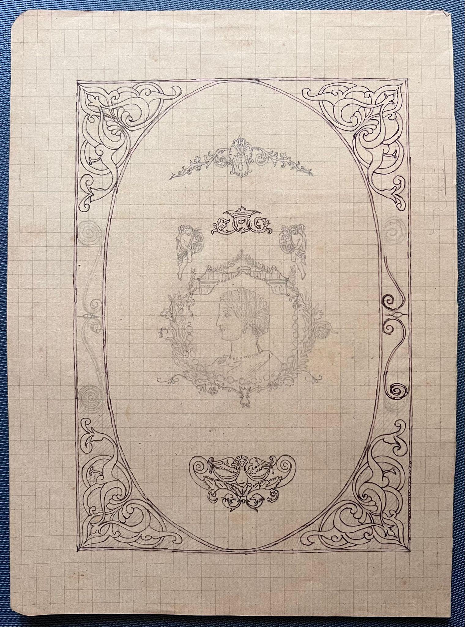 Antique French Disegno ornamentale con ritratto centrale e bordi decorativi - Painting di French School