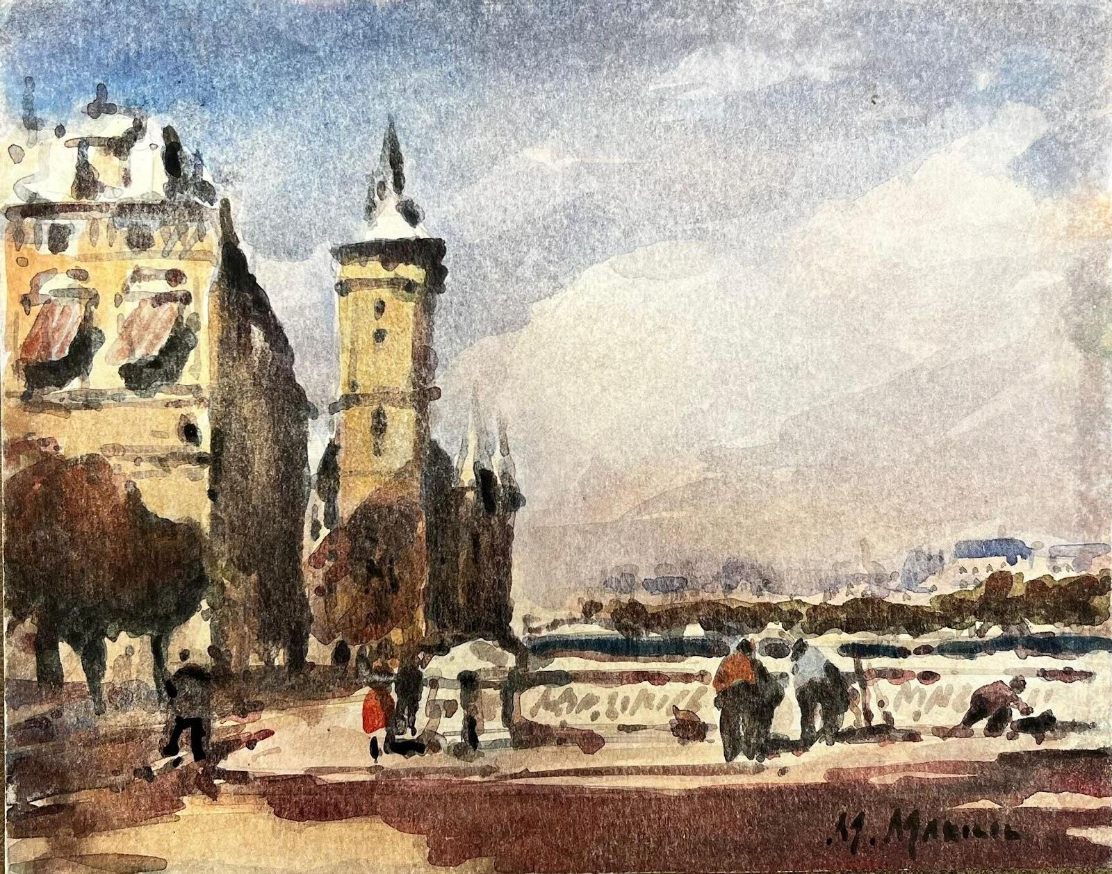 Paesaggio acquerellato impressionista francese - Paesaggio urbano con torre