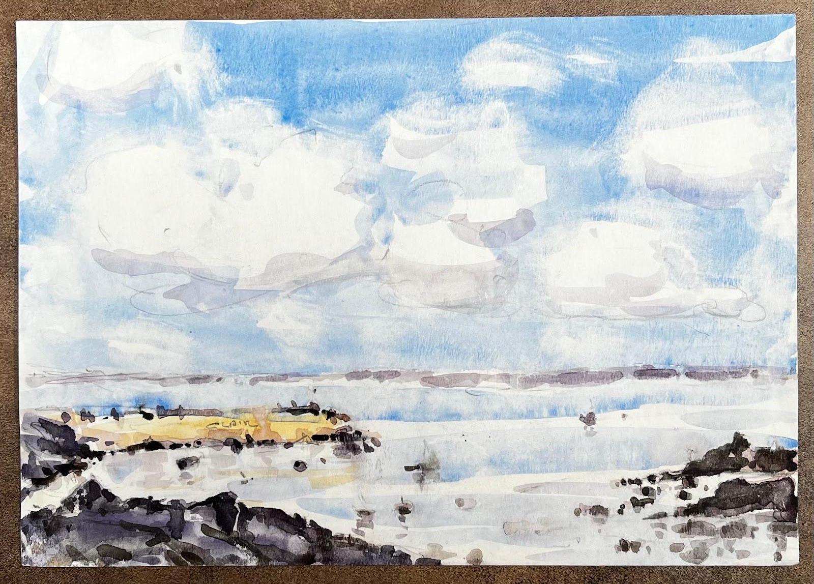 Landscape Art de Unknown - Paisaje impresionista francés en acuarela - Costa rocosa mirando al mar