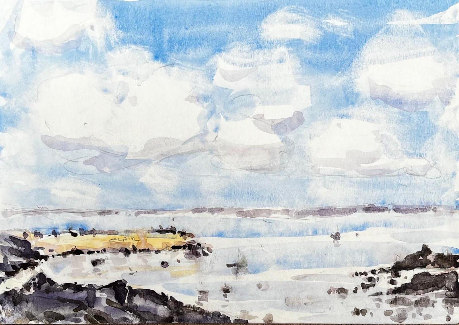 Paisaje impresionista francés en acuarela - Costa rocosa mirando al mar - Art de Unknown