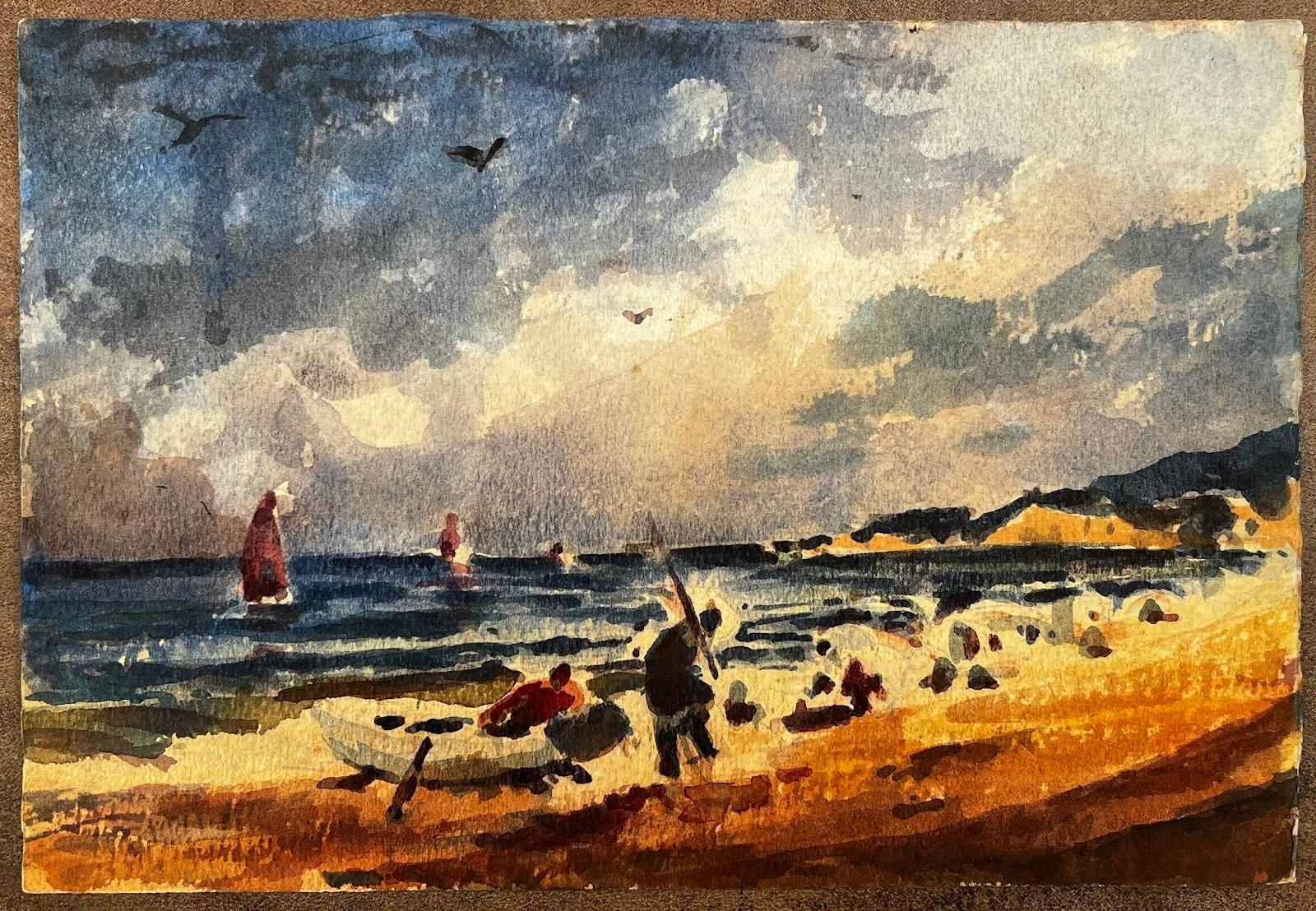 Unknown Landscape Art - French Impressionist Watercolor Landscape - Fishermen by the Sea with Sailboats