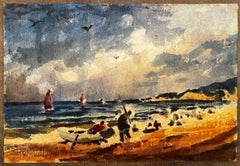 French Impressionist Watercolor Landscape - Fishermen by the Sea with Sailboats
