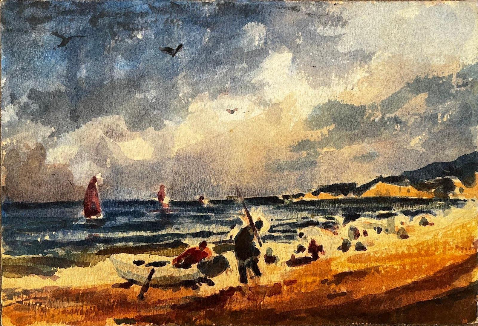 French Impressionist Watercolor Landscape - Fishermen by the Sea with Sailboats - Art by Unknown