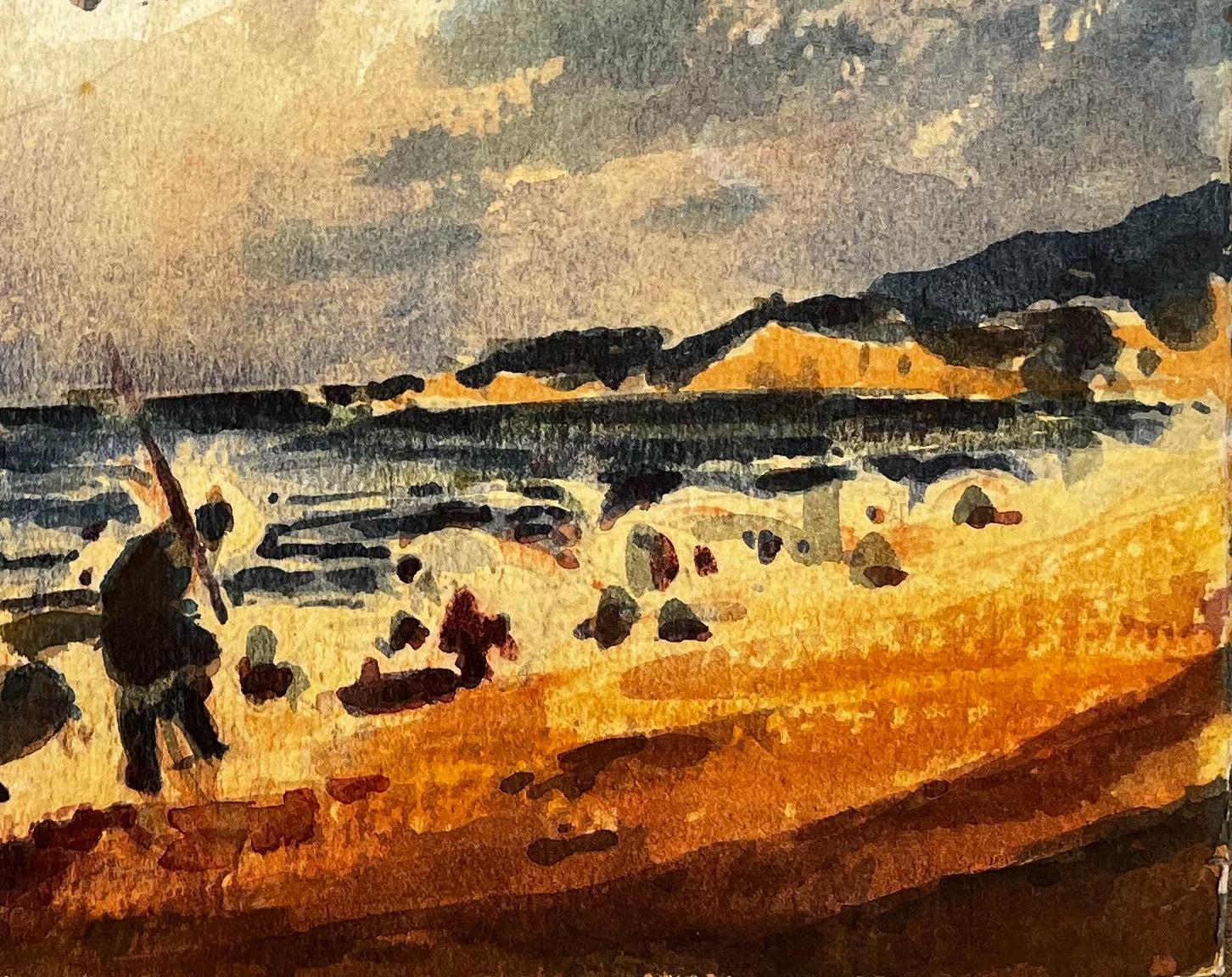French Impressionist Watercolor Landscape - Fishermen by the Sea with Sailboats - Abstract Impressionist Art by Unknown