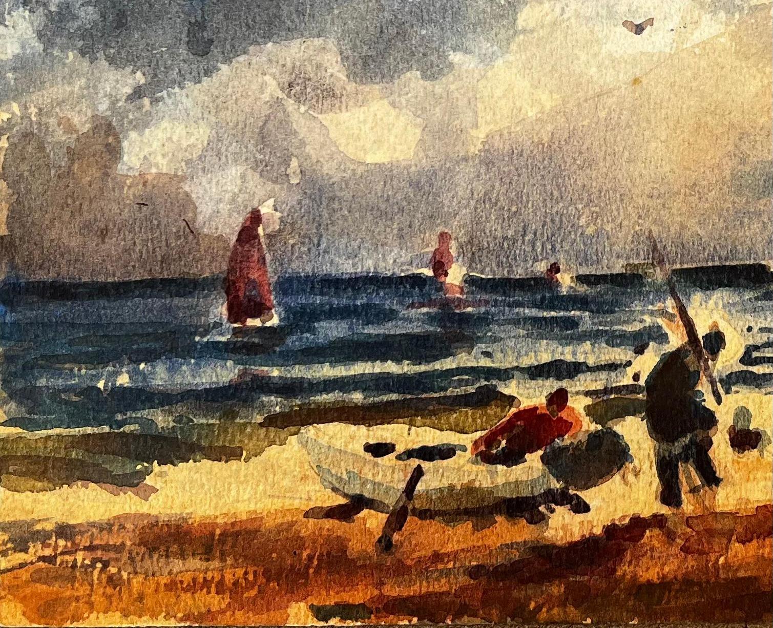 French Impressionist Watercolor Landscape - Fishermen by the Sea with Sailboats - Brown Landscape Art by Unknown
