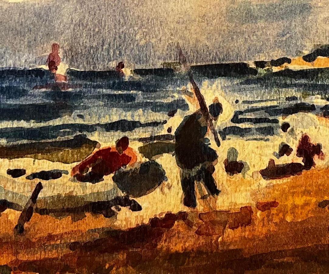 French Impressionist Watercolor Landscape - Fishermen by the Sea with Sailboats For Sale 1