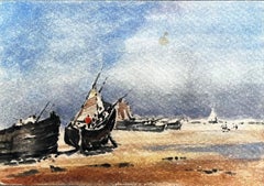 French Impressionist Landscape - Boats in a Dry Bay w/ Figure Tending to Rigging