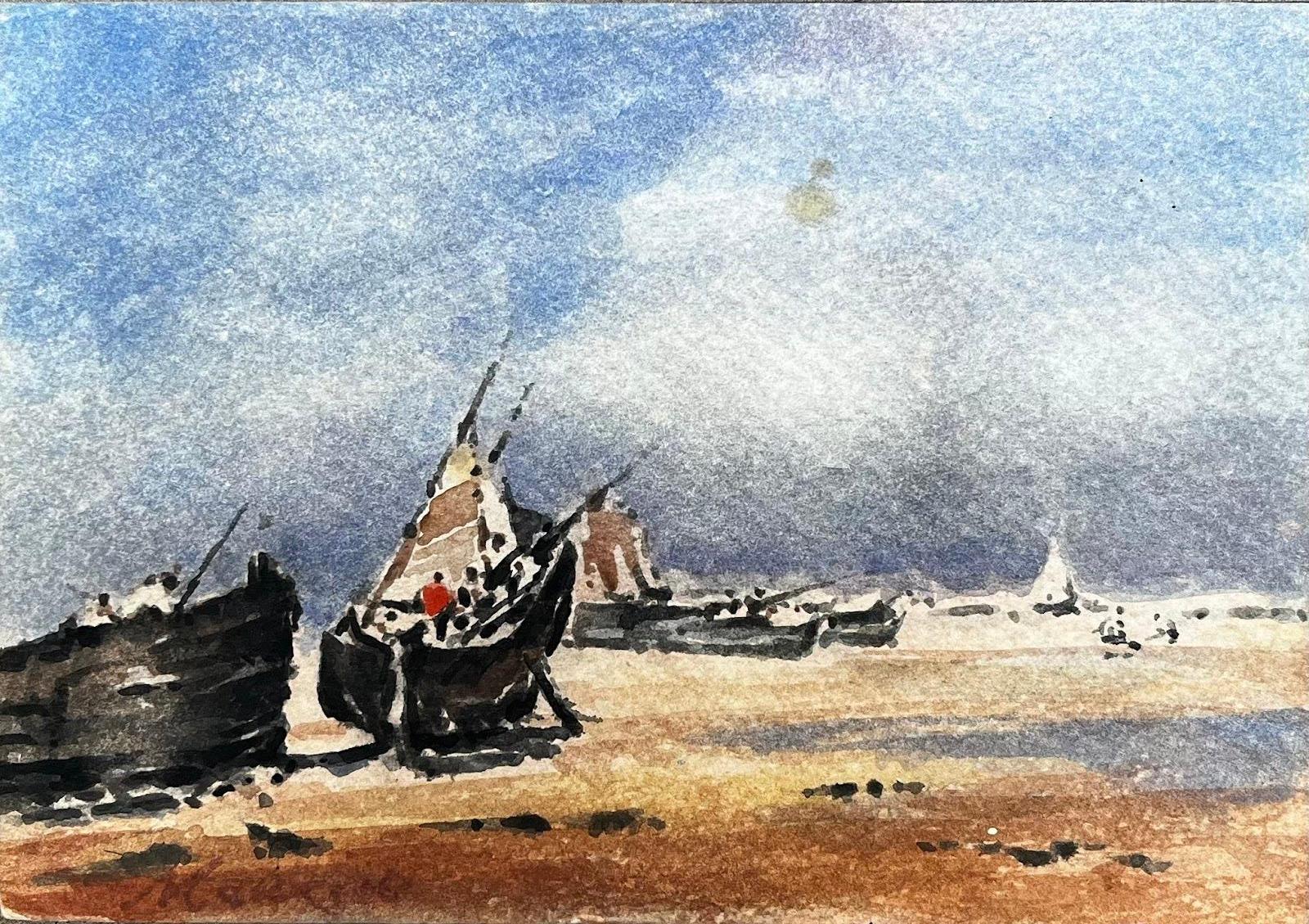 Französische impressionistische Landschaft - Boote in einer trockenen Bucht mit einer Figur, die sich um die Takelage kümmert