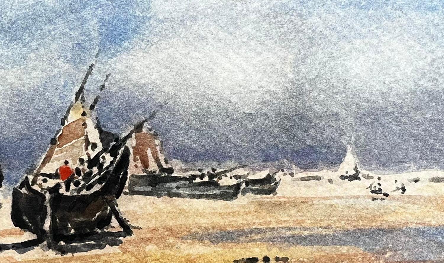 French Impressionist Landscape - Boats in a Dry Bay w/ Figure Tending to Rigging - Abstract Impressionist Art by Unknown