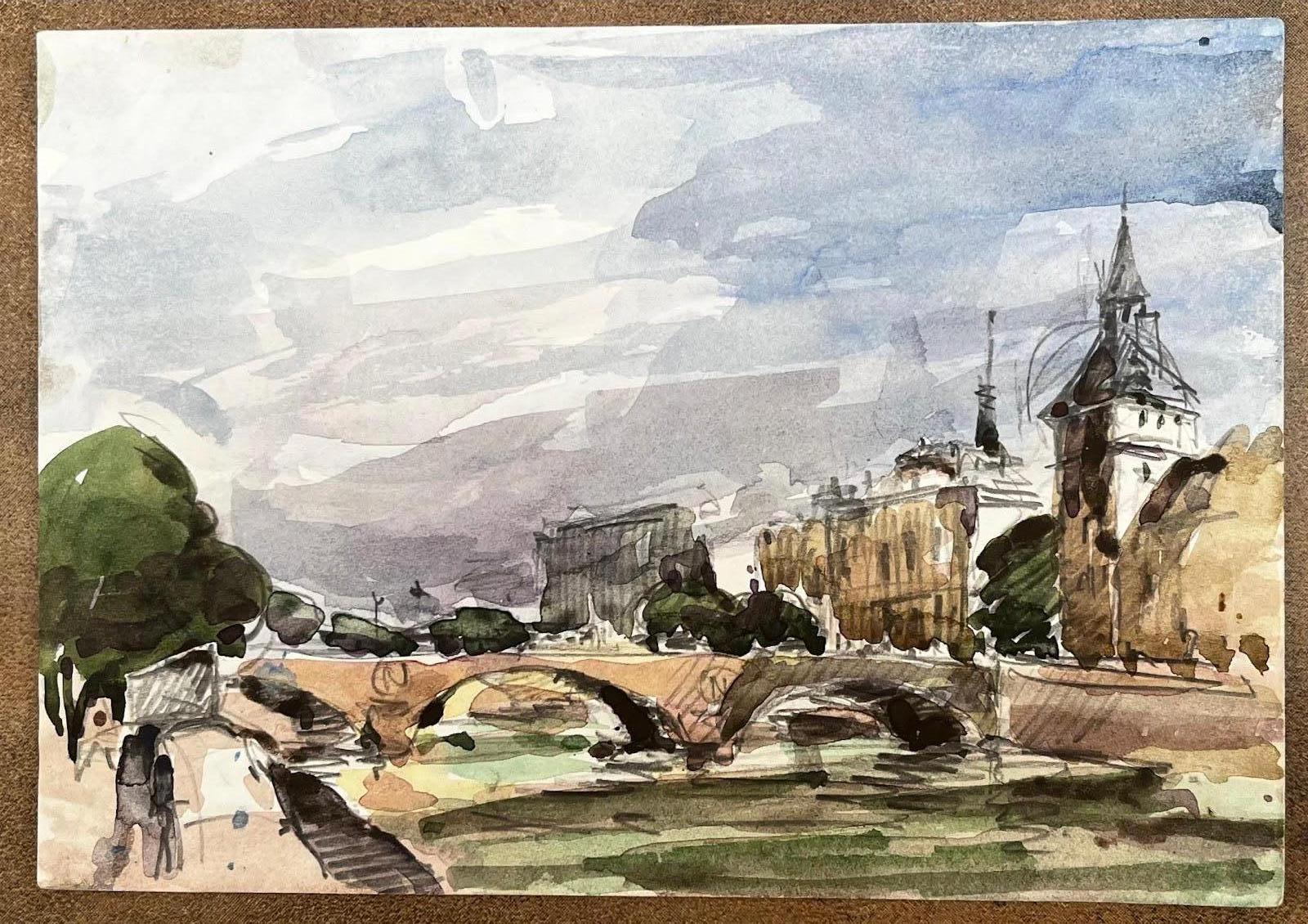 Französischer Impressionist Aquarell Landschaft Fluss Seine Brücke Paris Landschaft – Art von Unknown