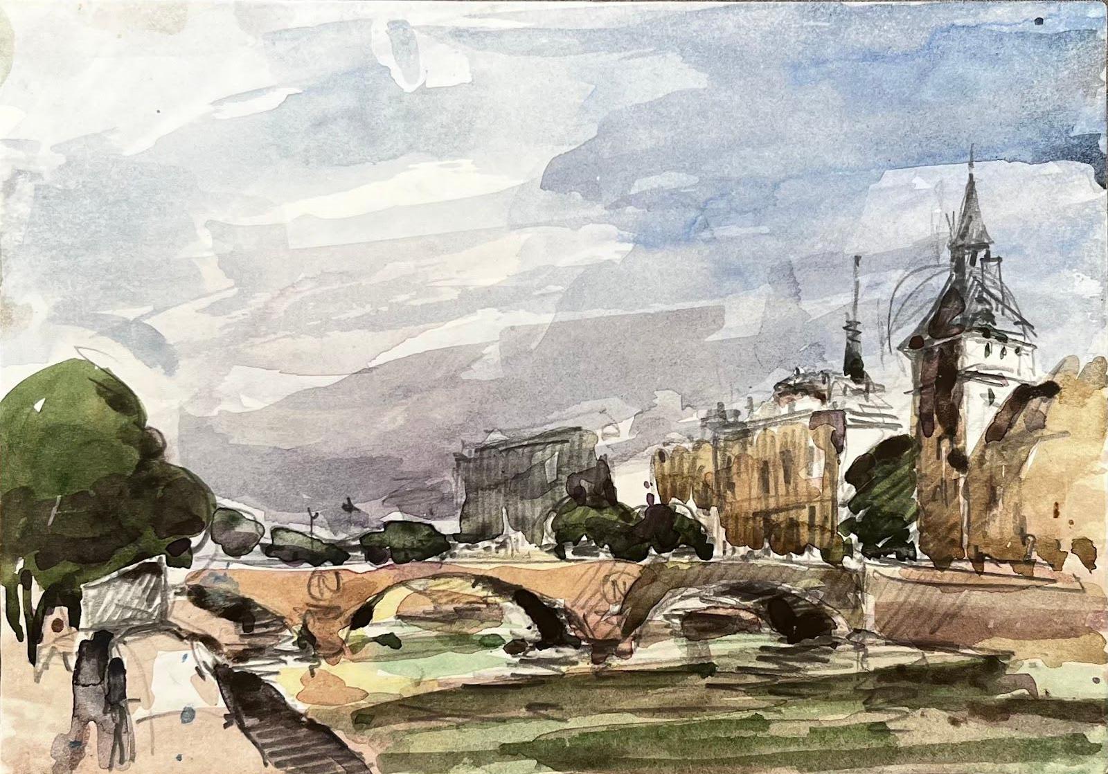 Unknown Landscape Art – Französischer Impressionist Aquarell Landschaft Fluss Seine Brücke Paris Landschaft