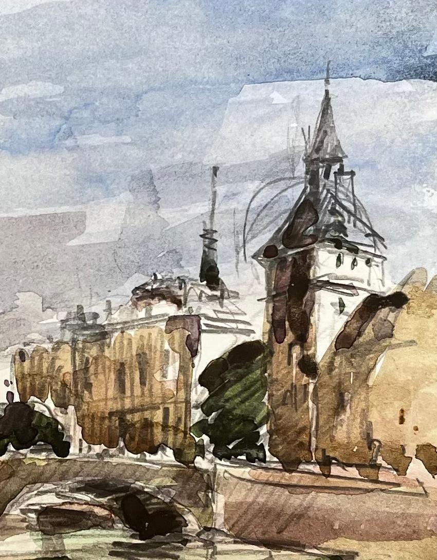 Französischer Impressionist Aquarell Landschaft Fluss Seine Brücke Paris Landschaft (Grau), Landscape Art, von Unknown