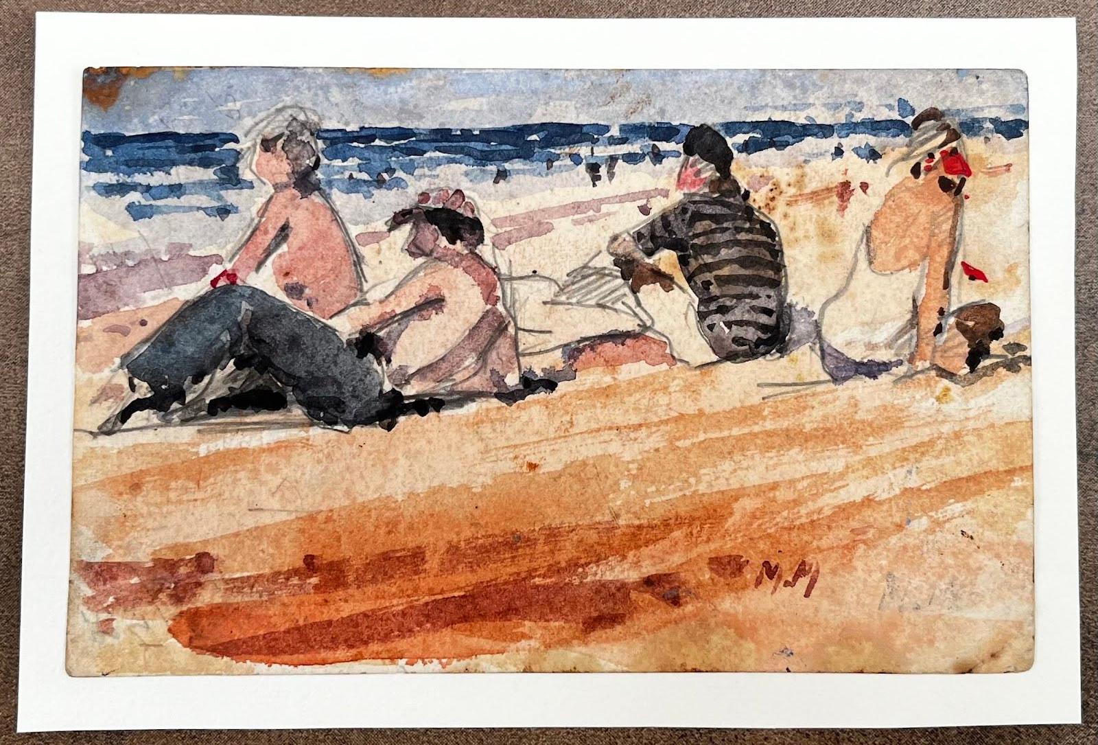 Paesaggio ad acquerello dell'Impressionismo francese - "Bagnanti che si godono una giornata di mare"
