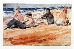 French Impressionist Watercolor Landscape - "Bathers Enjoying A Day By The Sea"