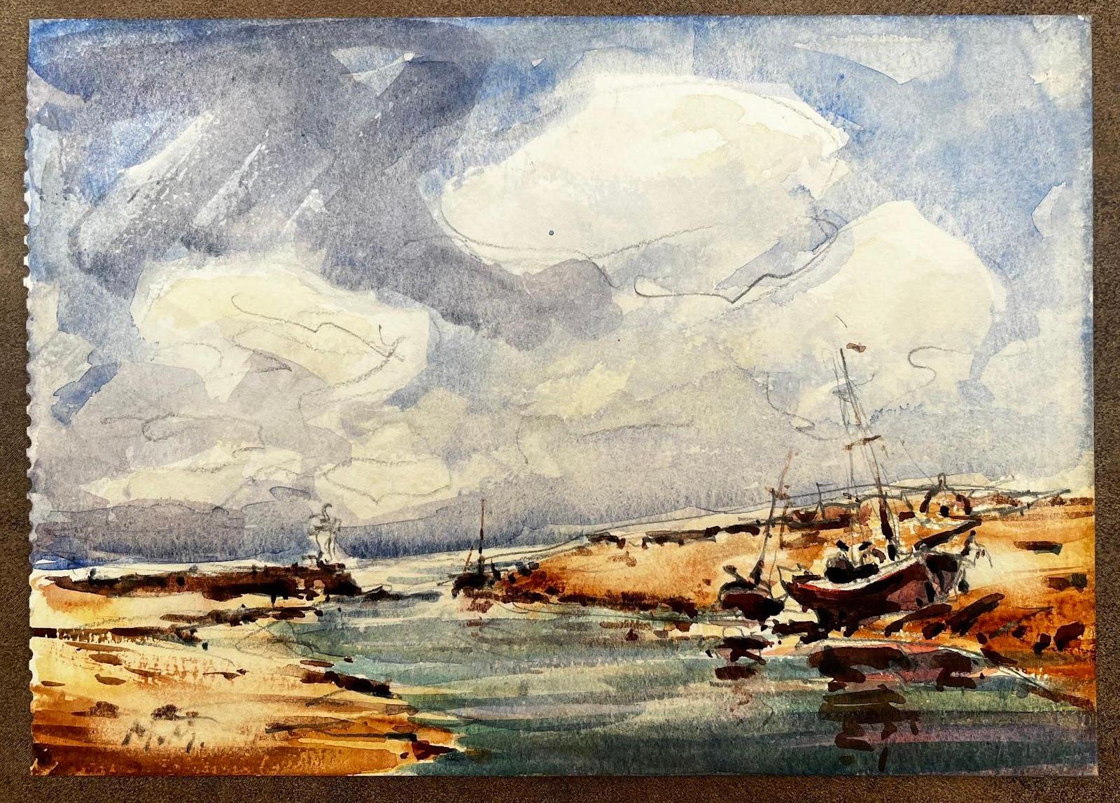 Maurice Mazeilie Landscape Art – Französischer Impressionismus - Segelboote in einer Bucht in Erwartung der kommenden Flut