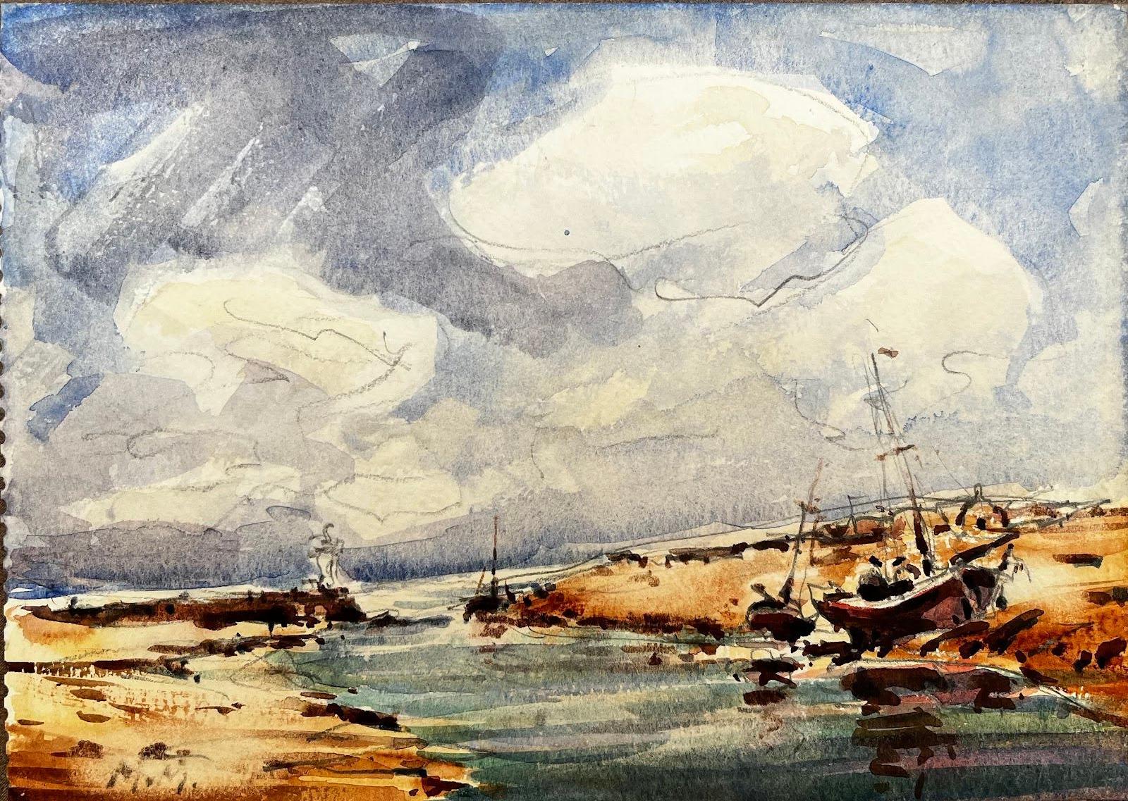 Französischer Impressionismus - Segelboote in einer Bucht in Erwartung der kommenden Flut – Art von Maurice Mazeilie