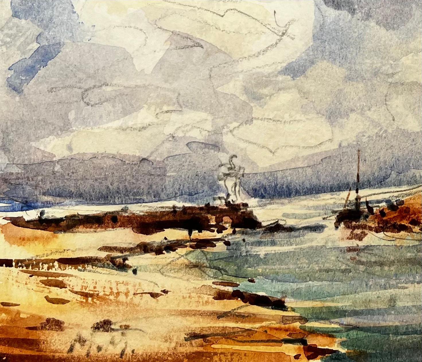 Französischer Impressionismus - Segelboote in einer Bucht in Erwartung der kommenden Flut (Beige), Landscape Art, von Maurice Mazeilie