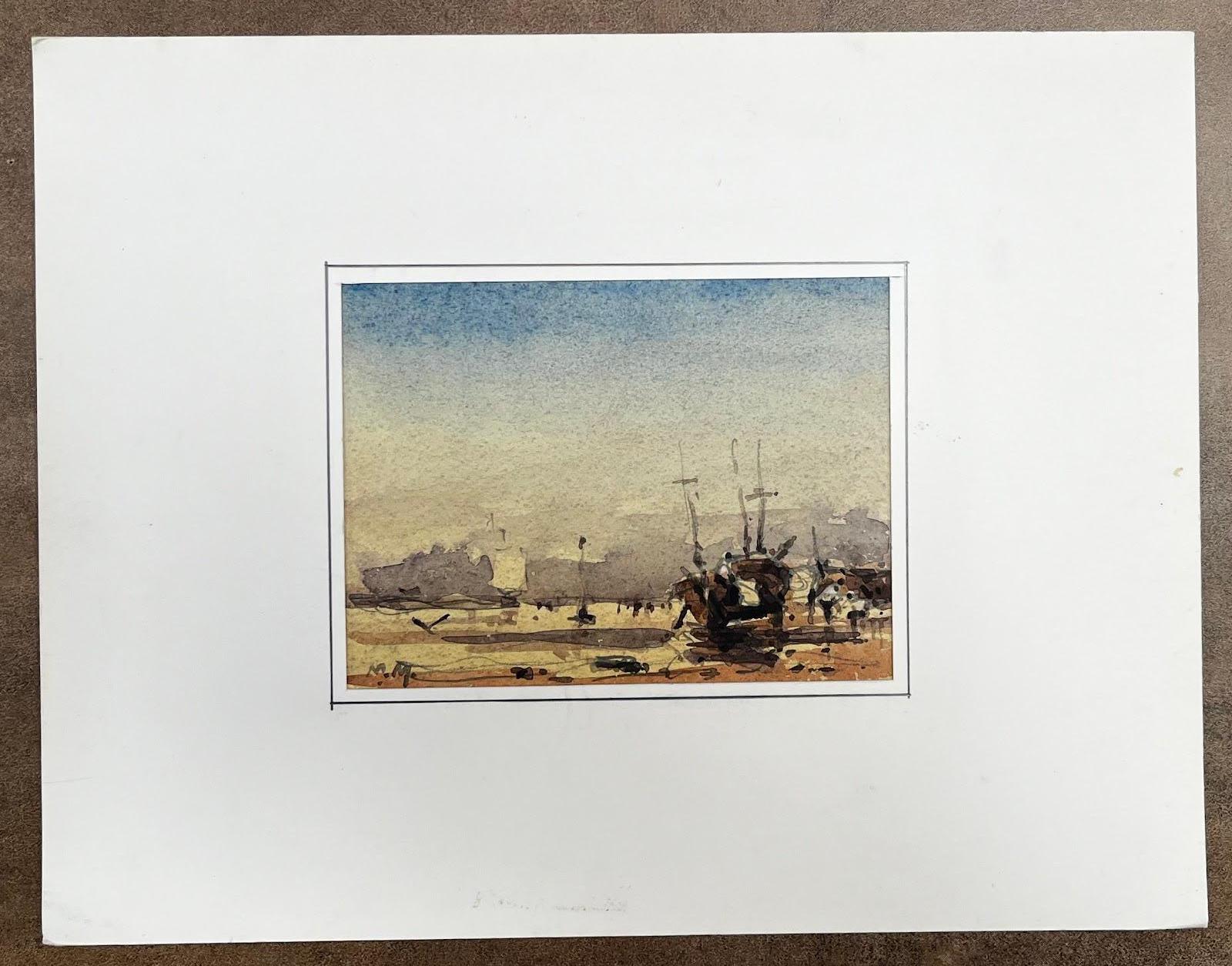 Französische impressionistische Aquarell-Landschaft des Impressionismus – „Segelboote an der Küste bei tiefem Tide“