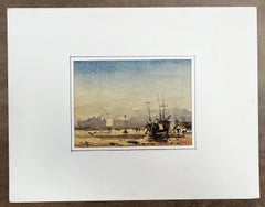 French Impressionist Watercolor Landscape - "Sailboats on the Shore at Low Tide"