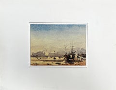 French Impressionist Watercolor Landscape - "Sailboats on the Shore at Low Tide"