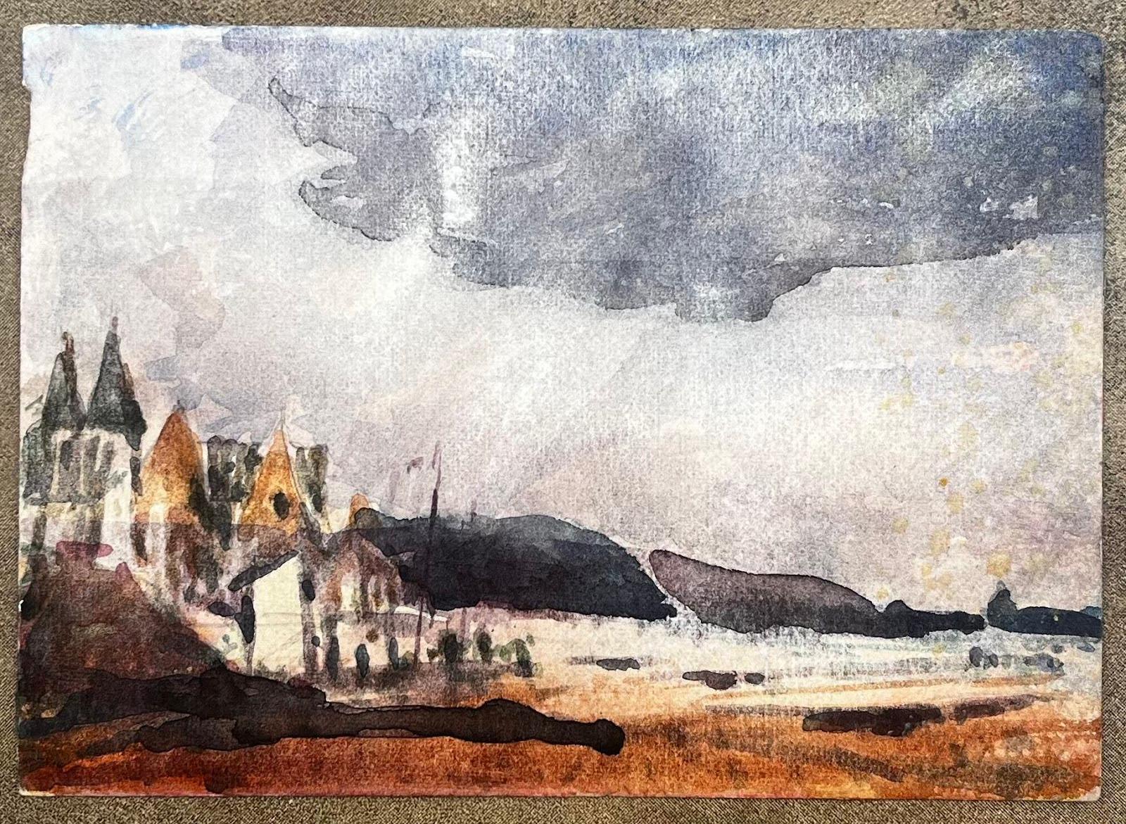 Paisaje de acuarela impresionista francesa Castillo con vistas a la bahía