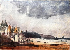 French Impressionist Watercolor Landscape Castle Overlooking The Bay