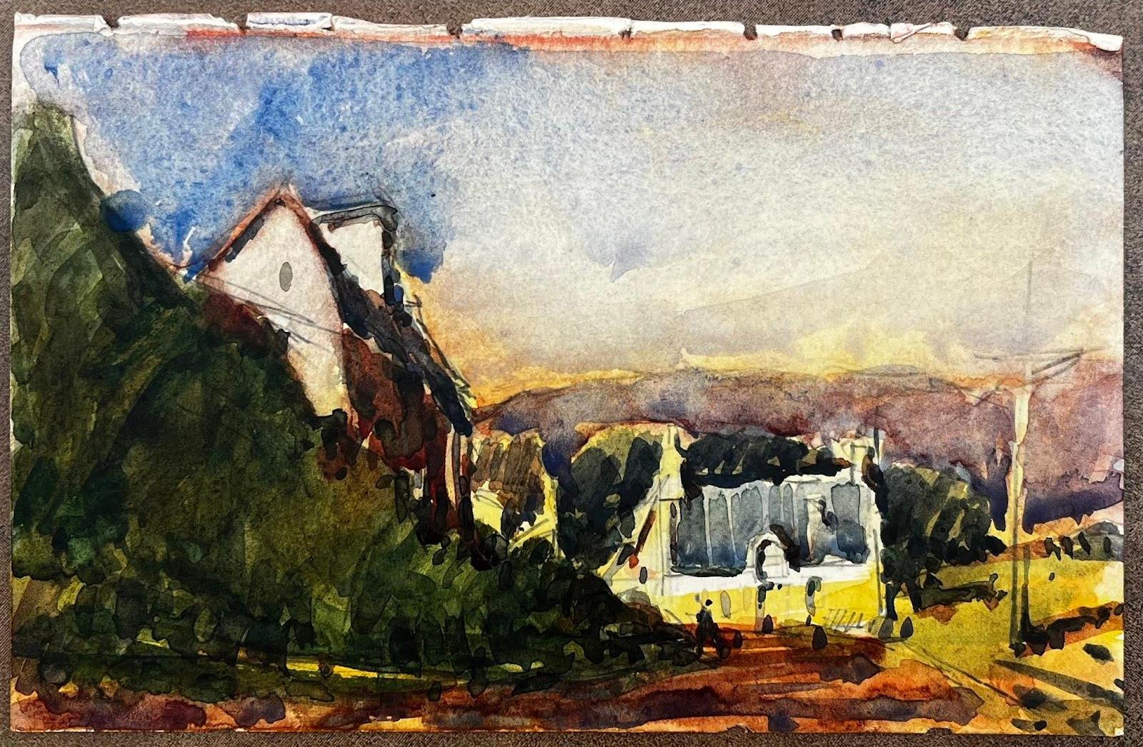 Paesaggio impressionista francese all'acquerello Scena di villaggio in cima a una collina