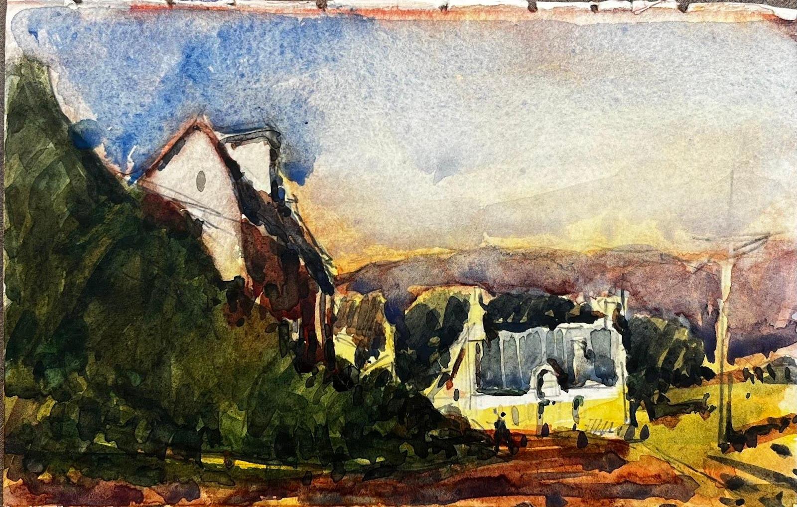 Paesaggio impressionista francese all'acquerello Scena di villaggio in cima a una collina - Art Impressionismo astratto di Unknown