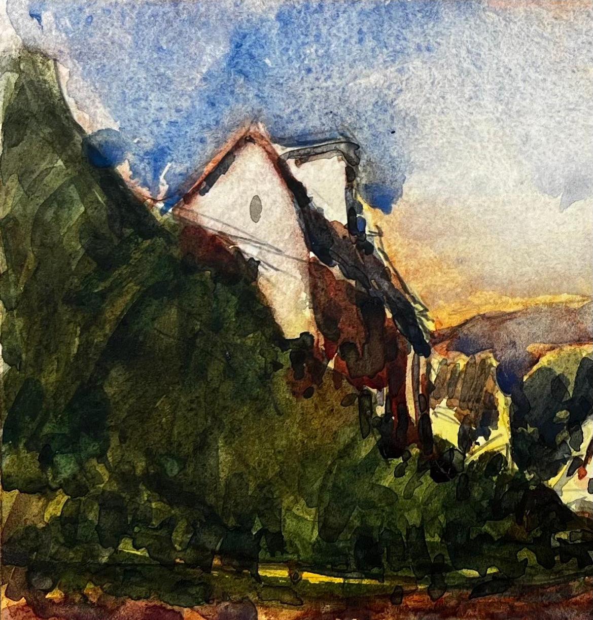 Paesaggio impressionista francese all'acquerello Scena di villaggio in cima a una collina in vendita 1