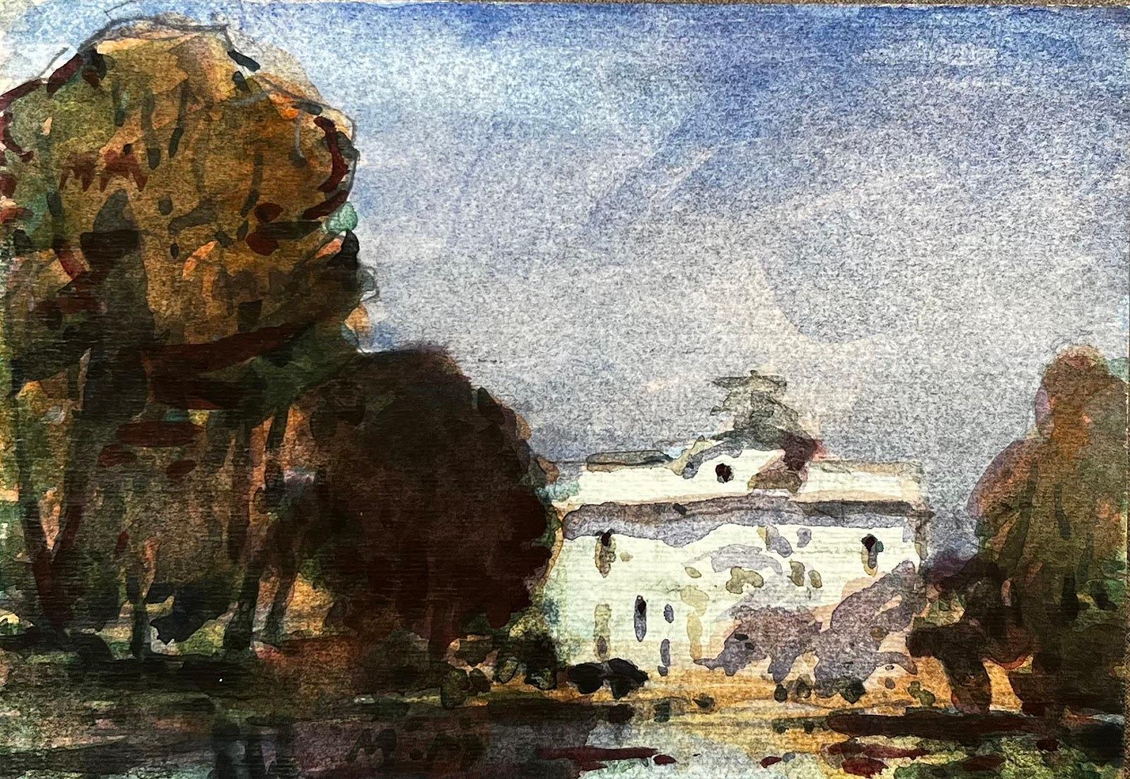 Aquarelle impressionniste française représentant une scène de parc avec un grand immeuble blanc - Art de Unknown