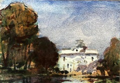 French Impressionist Watercolor Landscape Park Scene with White Grand Building