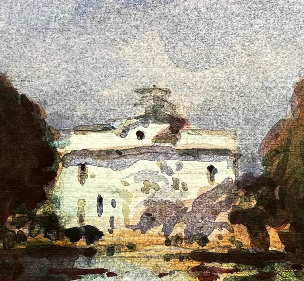 Aquarelle impressionniste française représentant une scène de parc avec un grand immeuble blanc - Impressionnisme abstrait Art par Unknown