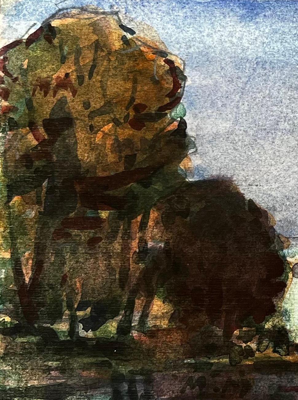 Aquarelle impressionniste française représentant une scène de parc avec un grand immeuble blanc - Gris Landscape Art par Unknown