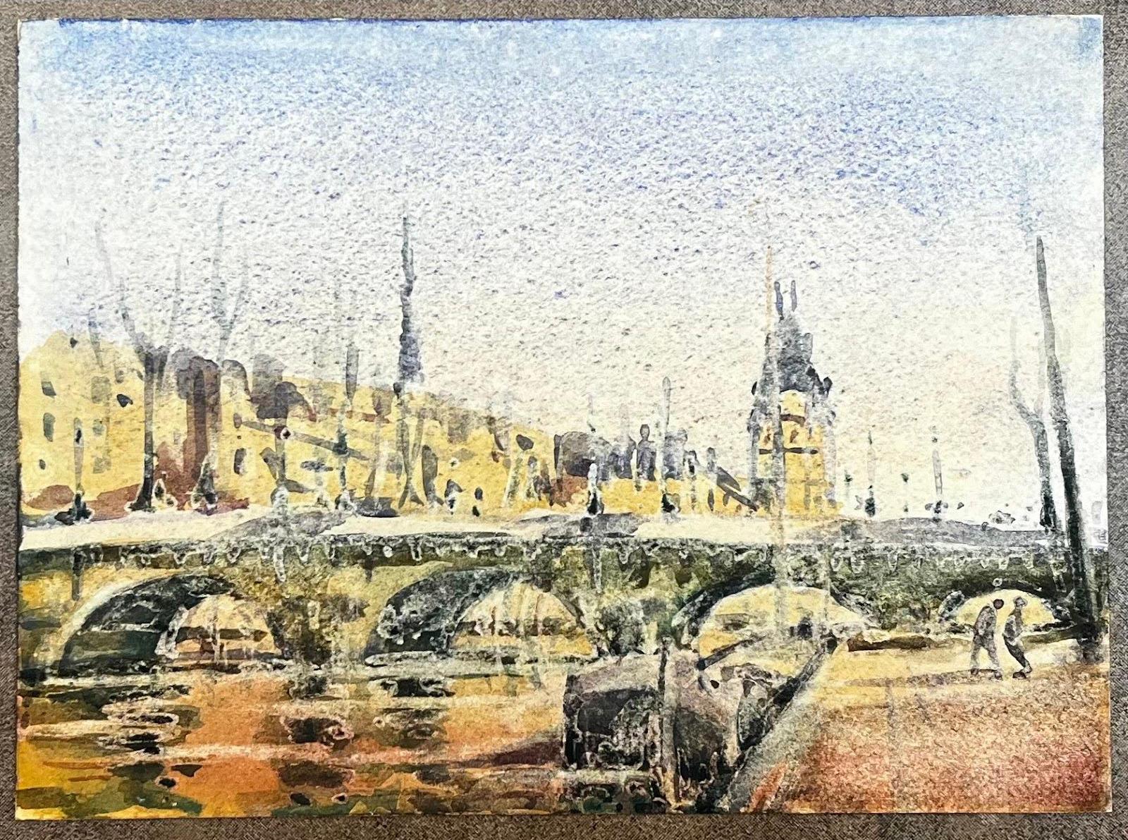 Aquarelle impressionniste française Paysage River Seine Bridge In The Rain Paris - Impressionnisme abstrait Art par Unknown