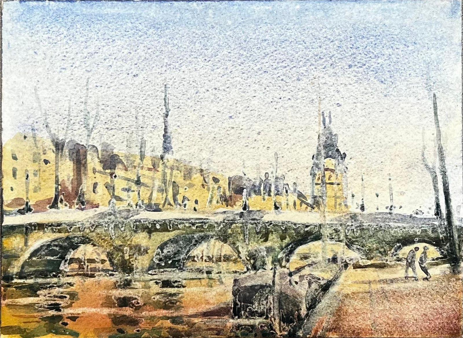 Aquarelle impressionniste française Paysage River Seine Bridge In The Rain Paris - Art de Unknown