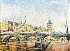 French Impressionist Watercolor Landscape River Seine Bridge In The Rain Paris