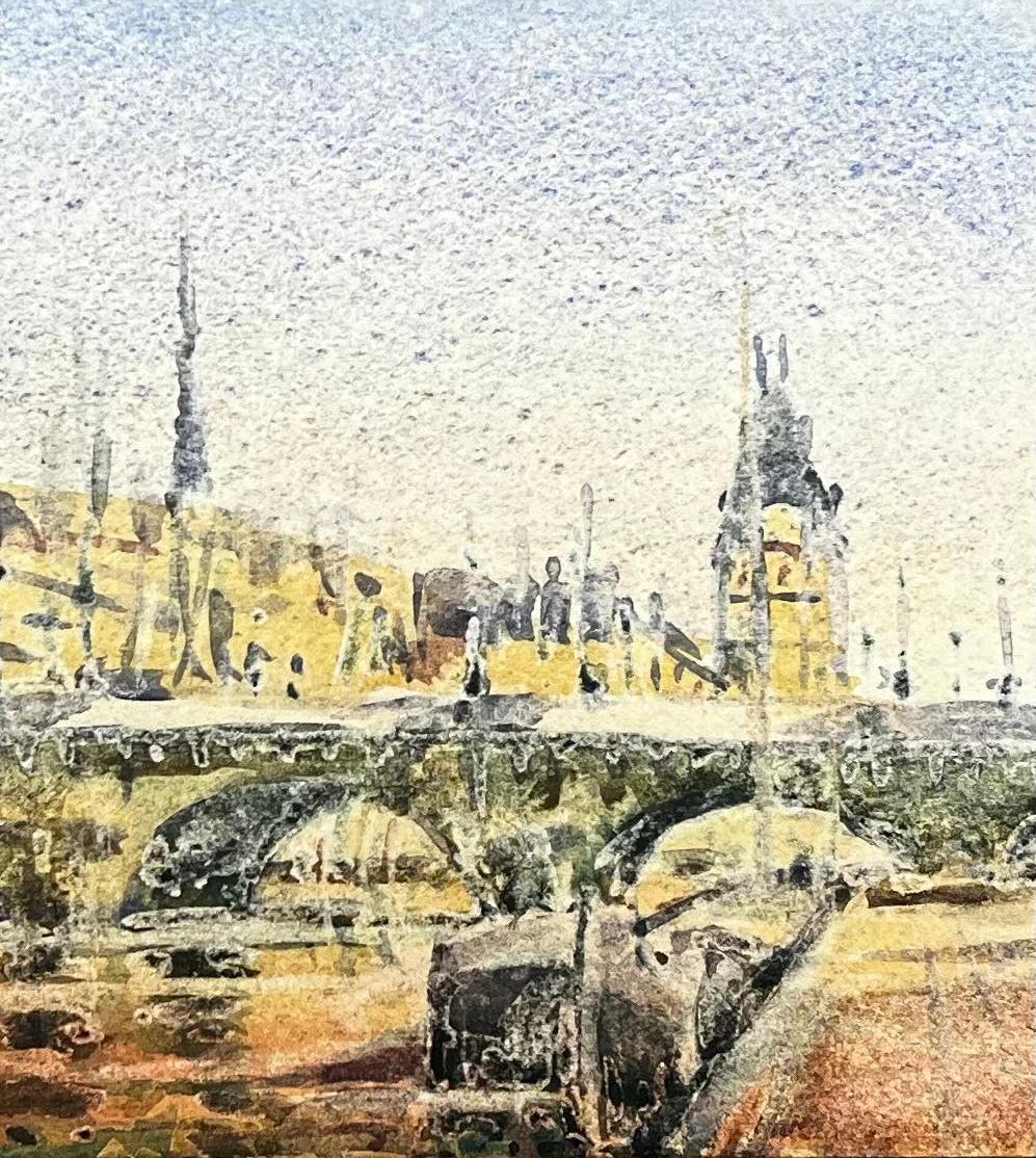 Aquarelle impressionniste française Paysage River Seine Bridge In The Rain Paris en vente 1