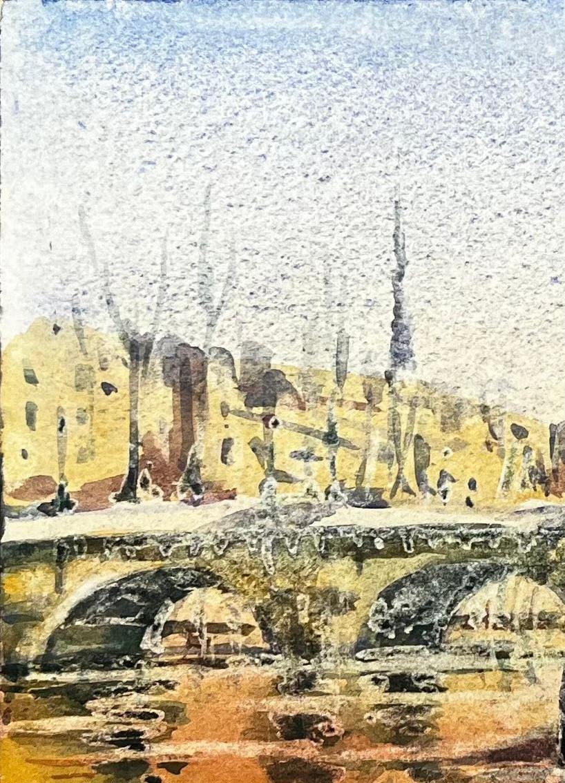 Aquarelle impressionniste française Paysage River Seine Bridge In The Rain Paris en vente 2